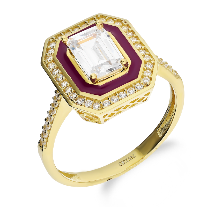 Pierścionek złoty prostokąt z fioletową emalią i cyrkoniami AR I6-I3SZR0357-2-FCZ-JZB próba 585