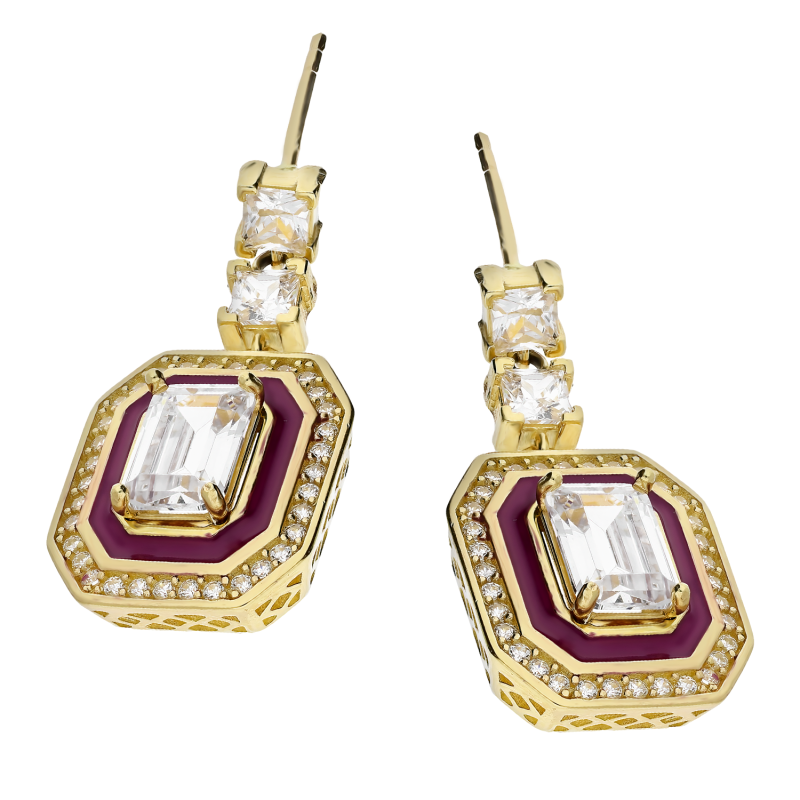 Złote kolczyki z fioletową emalią i cyrkoniami - JubilerSezam.pl