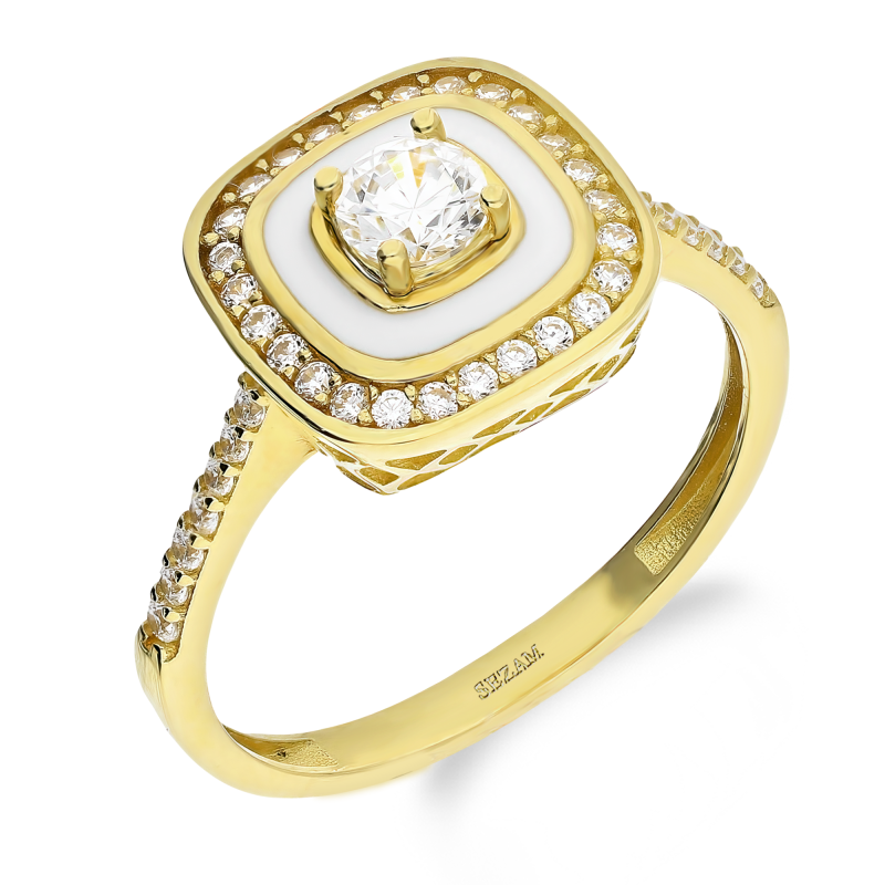 Pierścionek złoty kwadrat z białą emalią i cyrkoniami AR VX3-VX3SZR0356-1-FCZ-JZB próba 585