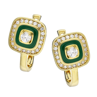 Kolczyki złote kwadrat z zieloną emalią i cyrkoniami