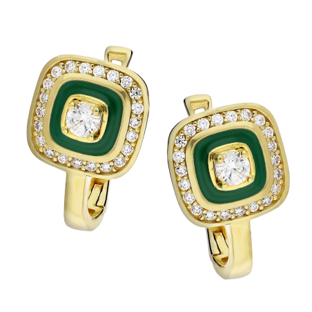 Kolczyki złote kwadrat z zieloną emalią i cyrkoniami