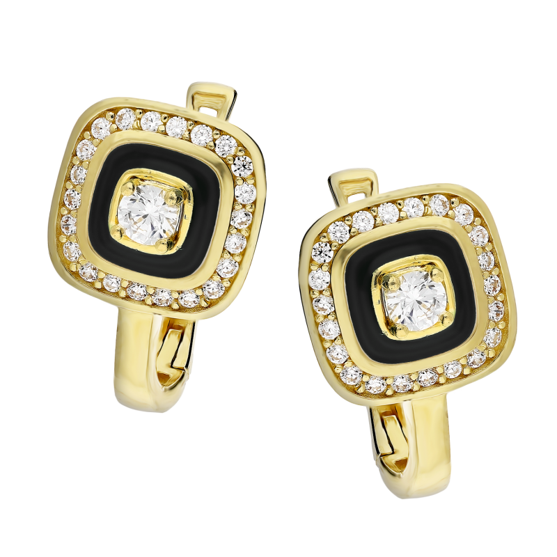 Kolczyki złote kwadrat z czarną emalią i cyrkoniami angielskie zapięcie
