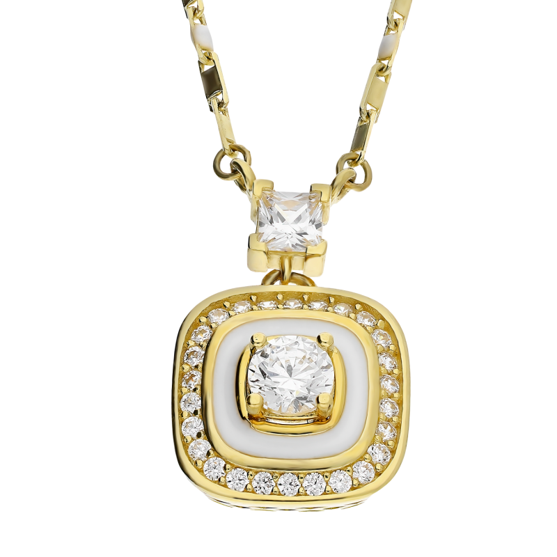 Naszyjnik złoty kwadrat z białą emalią i cyrkoniami/blaszki AR X5SZLINK7N0097-II-1-FCZ-JZB próba 585