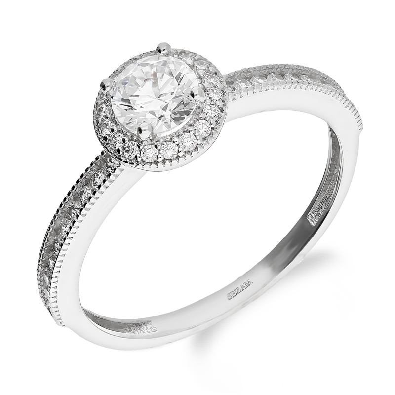 Pierścionek z białego złota okrągła cyrkonia i cyrkonie w szynie AR X5-X4SZR0359-W-FCZ próba 585