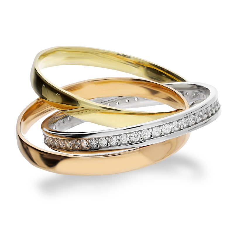 Pierścionek potrójny obrączkowy w trzech kolorach złota z cyrkoniami  próba 375