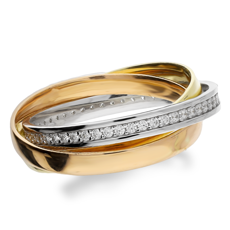 Pierścionek potrójny obrączkowy w trzech kolorach złota z cyrkoniami  próba 375