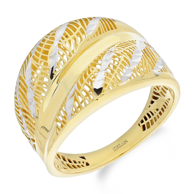Pierścionek złoty ażurowa blaszka z gładkim środkiem i grawerem AR XFUR200163-YW-DC próba 585