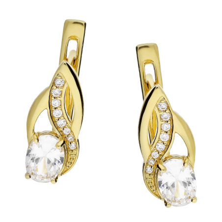 Kolczyki złote owalna biała cyrkonia i mniejsze cyrkonie na listku/ang.zap. PX 706 próba 585