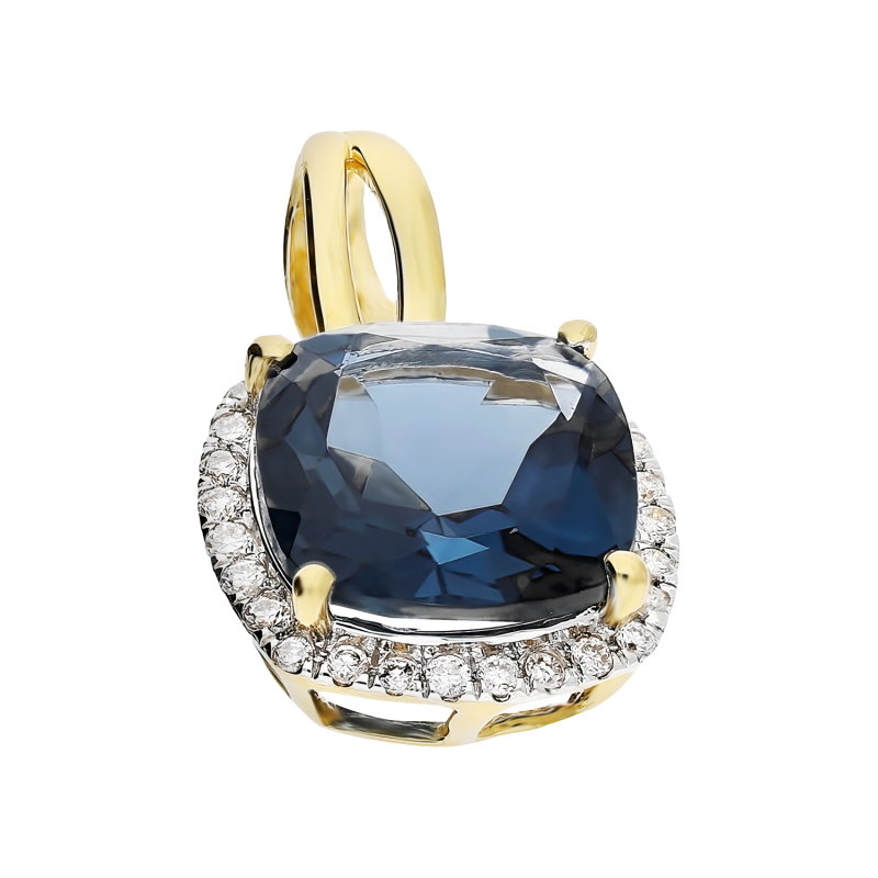 Kolczyki złote kwadratowy topaz London z białymi diamentami/sztyftNF GS-427-239 LBT cushion próba 585