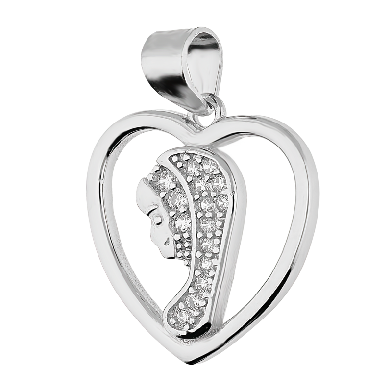 Medalik srebrny Główka Matki Boskiej z cyrkoniami w sercu