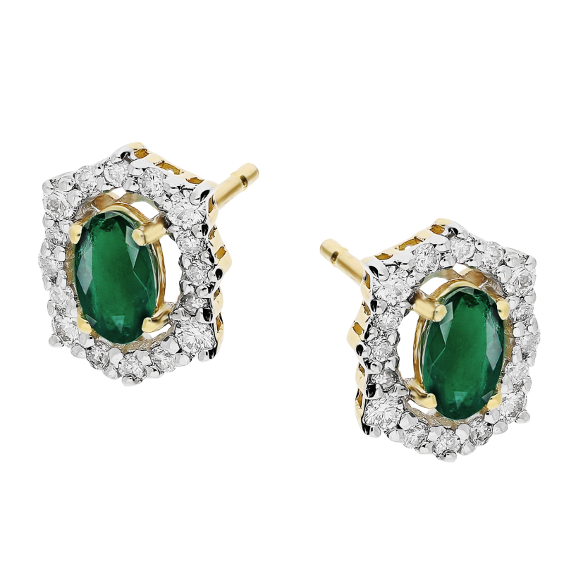 Kolczyki złote owalny szmaragd otoczony białymi diamentami/sztyft NF GS-499 EM owal próba 585
