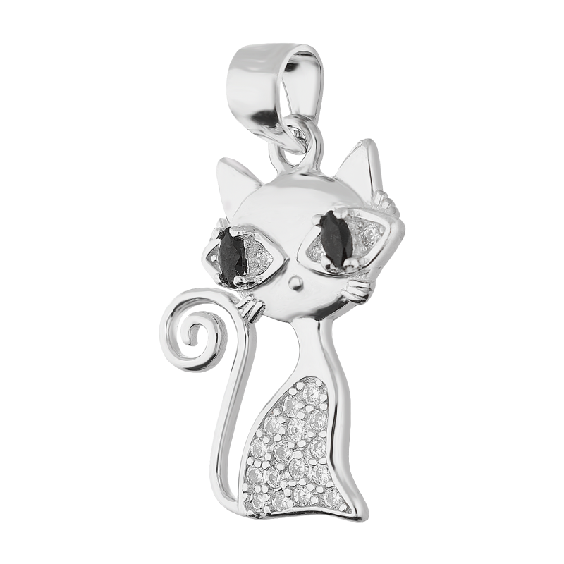 Zawieszka srebrna kot z białymi i czarnymi cyrkoniami HS1577 próba 925