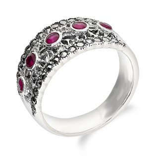 Srebrny Pierścionek Ażurowy z Rubinami i Markazytami - JubilerSezam.pl