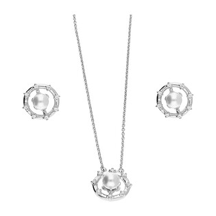 Komplet srebrny kolczyki i naszyjnik kółko z białą perłą  JA1121 ROD próba 925