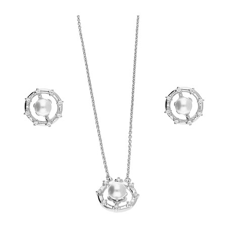 Komplet srebrny kolczyki i naszyjnik kółko z białą perłą  JA1121 ROD próba 925