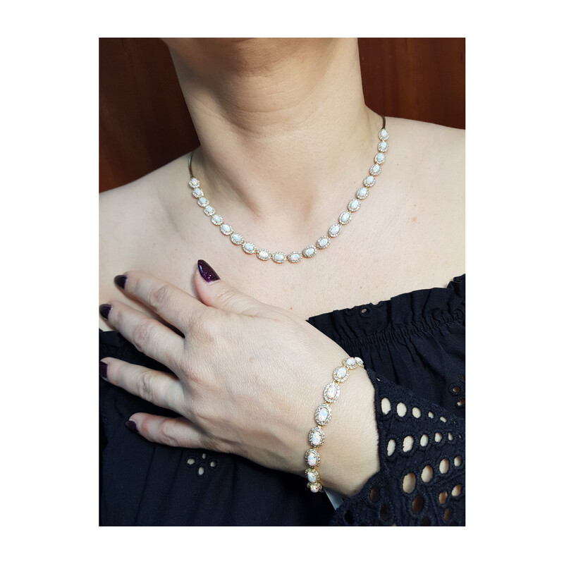 Naszyjnik złoty opal biały owal+cyrkonie nr OS 96-3064 OPL próba 585