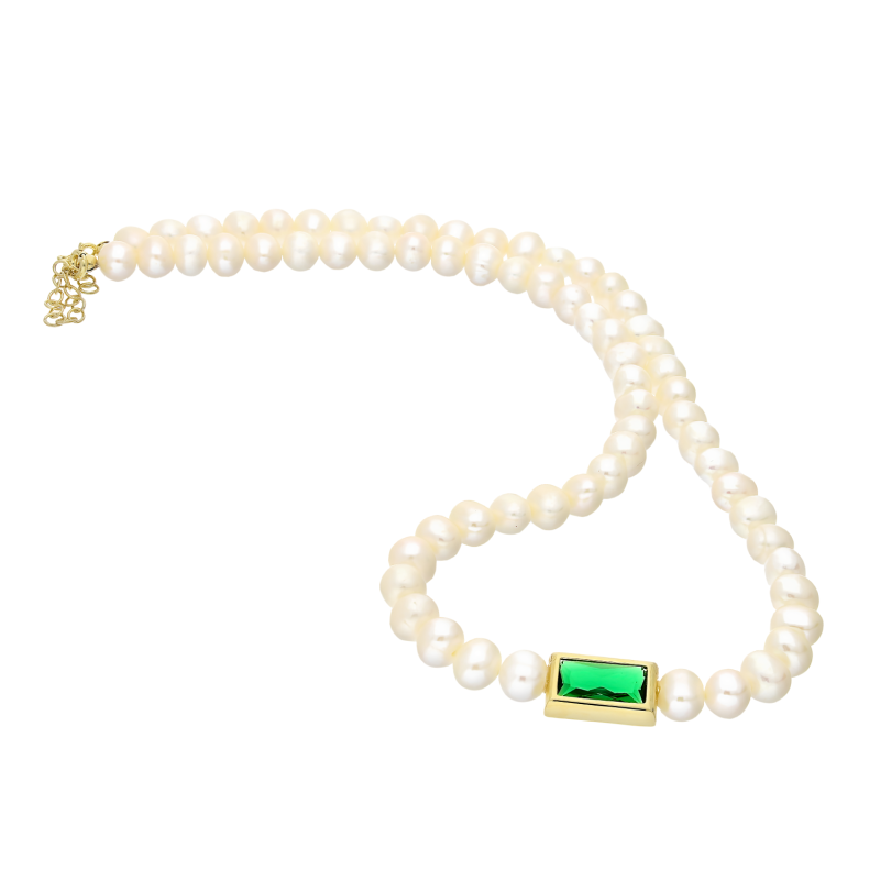 Naszyjnik pozłacany z perłami i prostokątną zieloną cyrkonią A6 07586477-07 próba 925