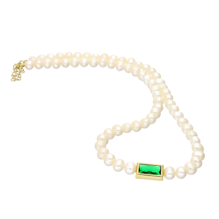 Naszyjnik pozłacany z perłami i prostokątną zieloną cyrkonią A6 07586477-07 próba 925