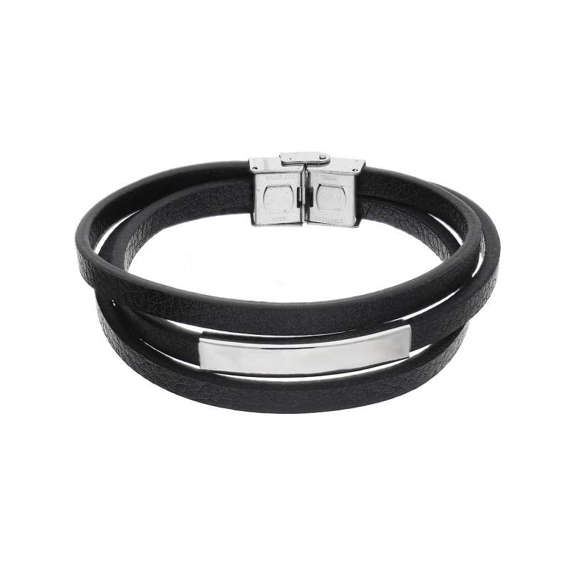 Bransoleta męska gładka blaszka potrójny skórzany pasek