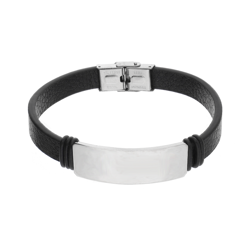 Bransoleta męska gładka blaszka na czarnym pasku AT638