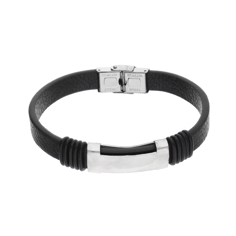 Bransoleta męska wycięta blaszka na czarnym pasku AT639