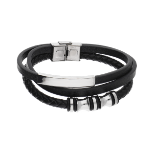 Bransoleta męska potrójna ze skóry z blaszką i beczułkami