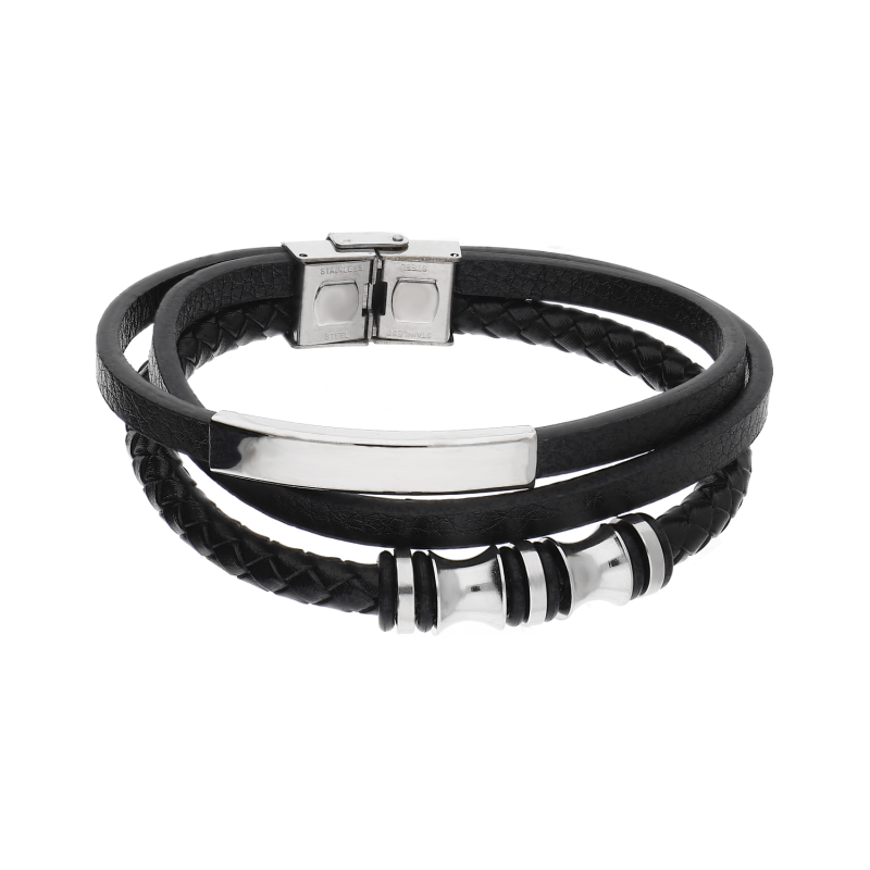 Bransoleta męska potrójna ze skóry z blaszką i beczułkami