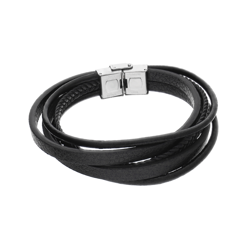Bransoleta męska czarny warkocz, rzemyki i paski AT645