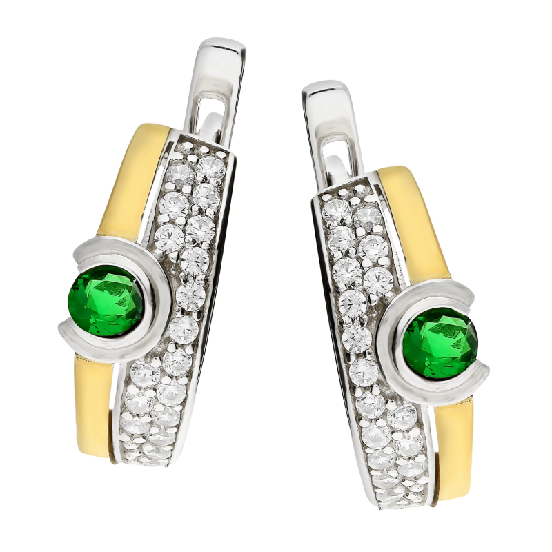 Kolczyki srebrne okrągły szmaragd jubilerski, białe cyrkonie i złota blaszka/ang.zap. PX 175 EM_AU375 blaszka gold