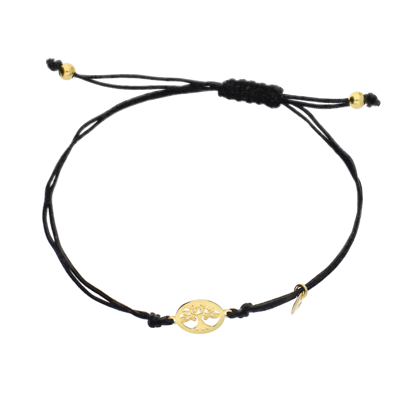 Bransoleta pozłacana drzewko w kole na czarnym sznurku PW444 GOLD czarny próba 925