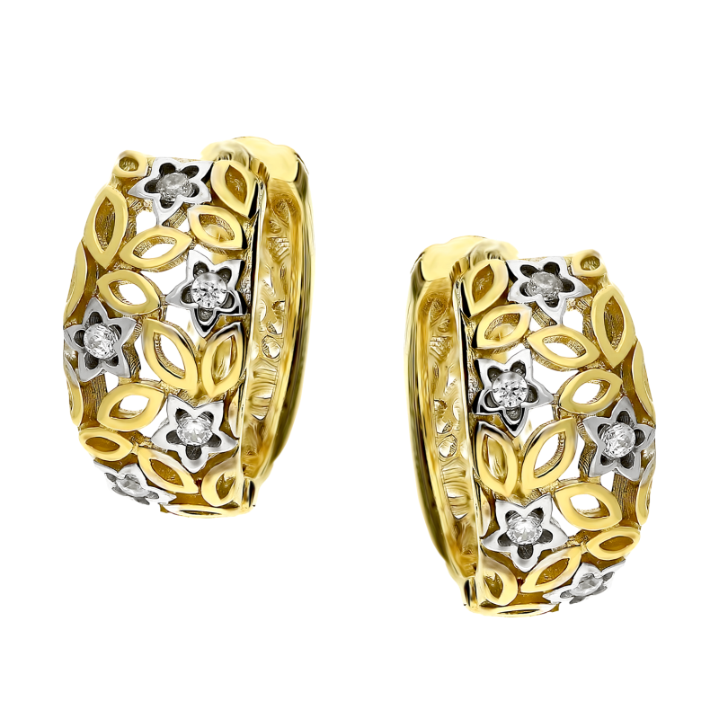 Kolczyki złote kółka 10 mm ażur z białymi cyrkoniami/zatrzask  DJ406-BIK próba 375