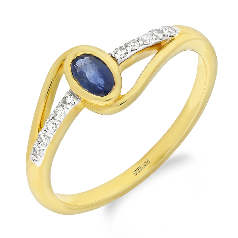 Pierścionek złoty szafir w owalnej oprawie i diamenty w szynie LC RR43571 Y-SAP owal bis twist próba 585