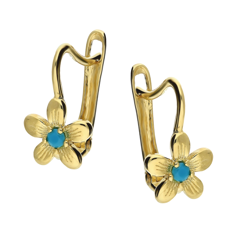 Kolczyki złote dla dziewczynki kwiatek z jasno-niebieską cyrkonią/ang.zap. MZ T5-E-0219-306-CZ próba 375