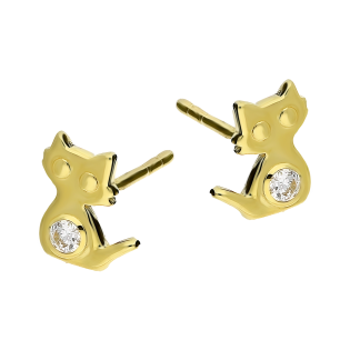 Kolczyki złote kot z białą cyrkonią