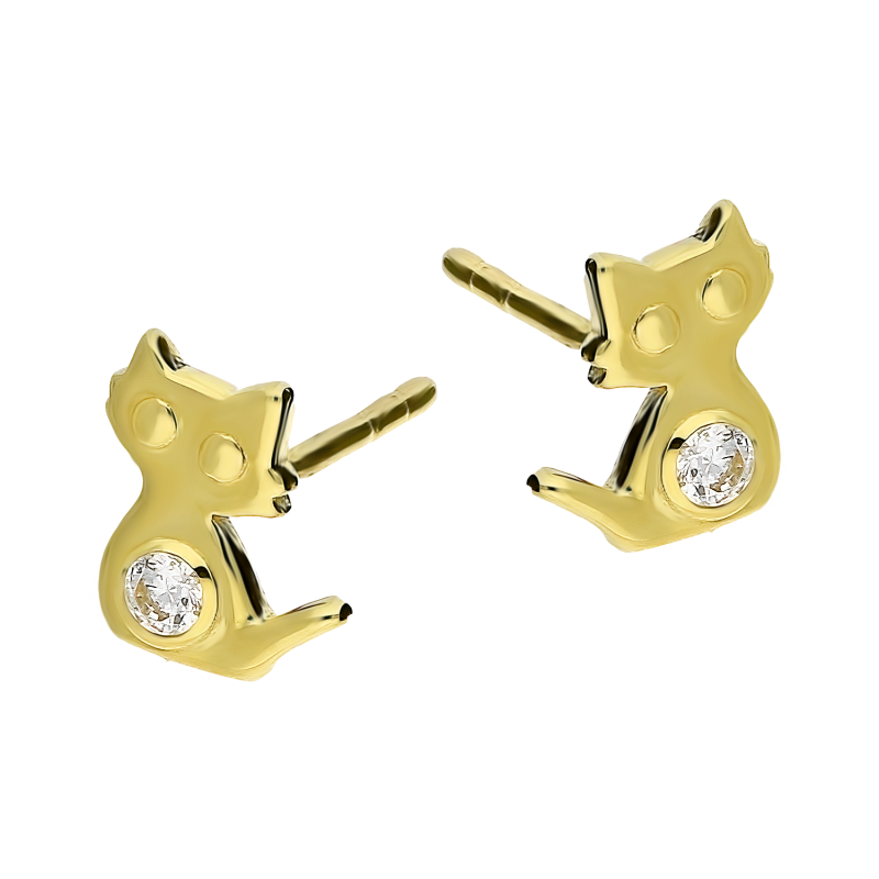 Kolczyki złote kot z białą cyrkonią