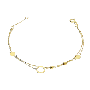 Bransoletka złota kółko ramka i kulki na podwójnym łańcuszku