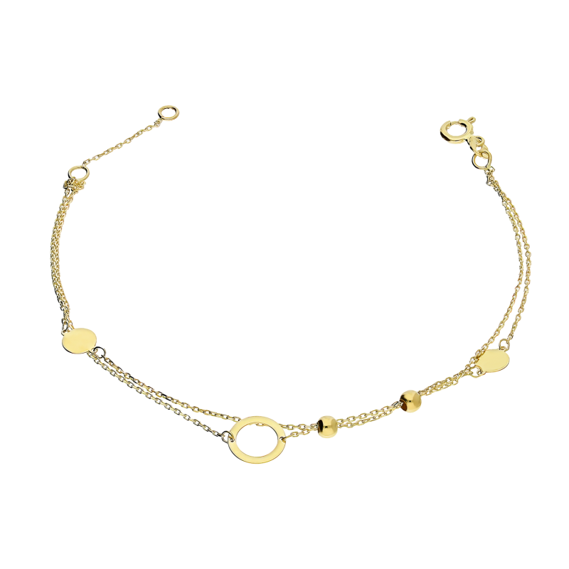 Bransoletka złota kółko ramka i kulki na podwójnym łańcuszku