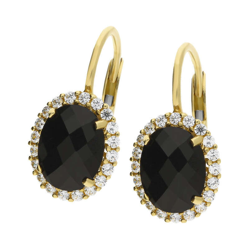 Kolczyki złote owal z czarną cyrkonią i białymi cyrkoniami wokół OS 96-3056 ONY próba 585