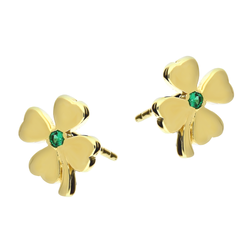 Kolczyki złote koniczyna z serc z zieloną cyrkonią/sztyft  MZ T23-E-337-CZ próba 375