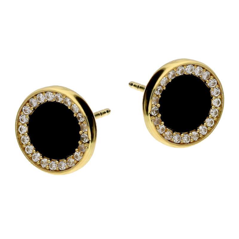 Kolczyki złote koło z onyksem i cyrkoniami/sztyft MZ T27-E-VR-1-CZ-BO próba 585