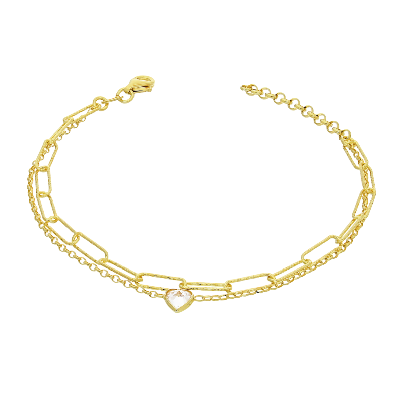 Bransoleta srebrna serce z cyrkonią na podwójnej bransolecie NI BRN33852 GOLD próba 925