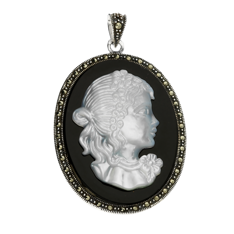 Zawieszka srebrna Kamea na czarnej masie z markazytami PA012 próba 925