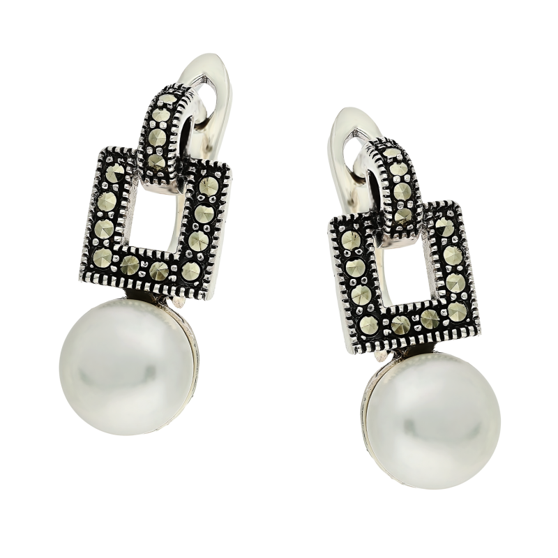 Kolczyki srebrne kwadrat z markazytami i perłą/ang.zap.PA031 próba 925