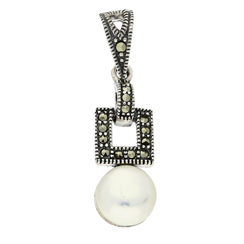 Zawieszka srebrna kwadrat z markazytami i perłą PA031 próba 925