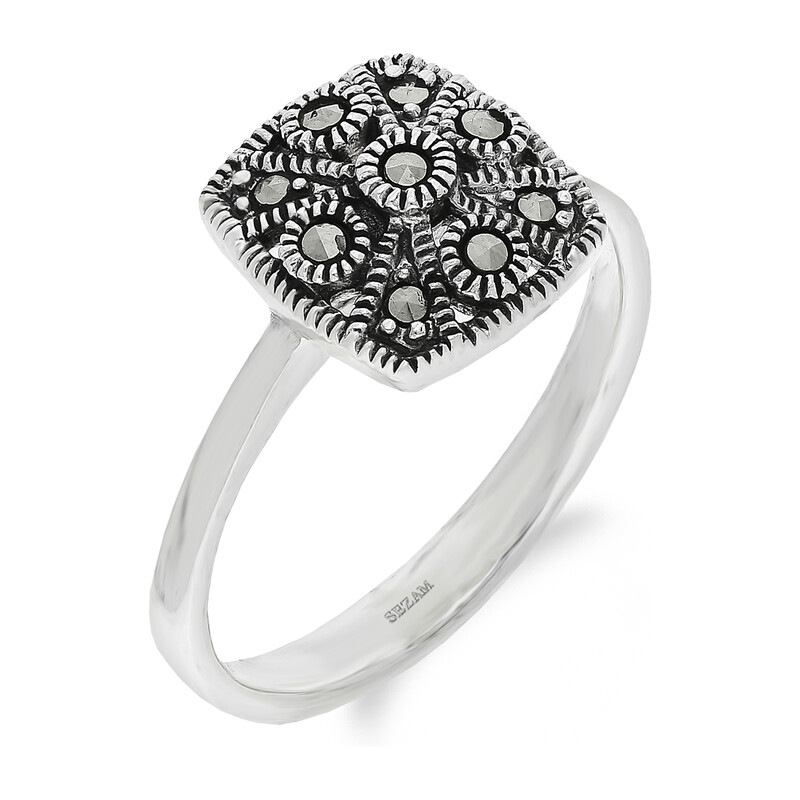 Pierścionek srebrny kwadrat z markazytami PA040 próba 925