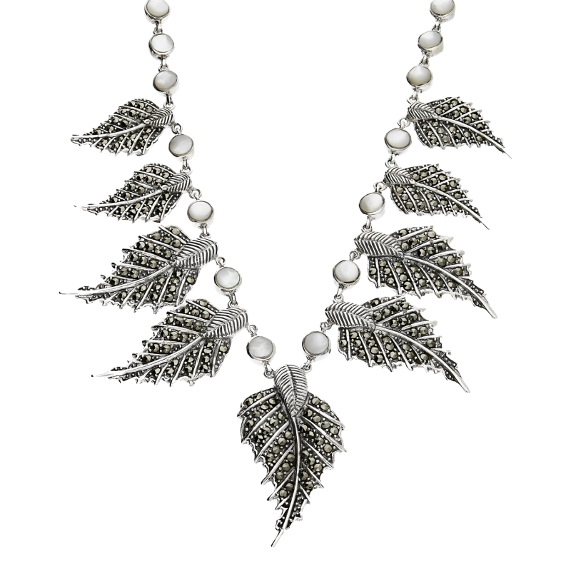 Naszyjnik srebrny liście z markazytami i koła z masą perłową PA045 próba 925