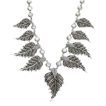 Naszyjnik srebrny liście z markazytami i koła z masą perłową PA045 próba 925