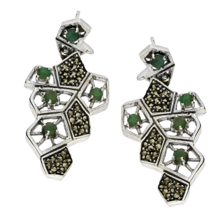Kolczyki srebrne deltoidy z markazytami i szmaragdami/sztyft PA046 Szmaragd próba 925