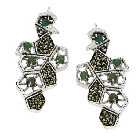 Kolczyki srebrne deltoidy z markazytami i szmaragdami/sztyft PA046 Szmaragd próba 925