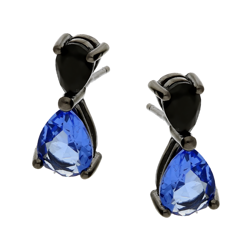 Kolczyki srebrne rutenowane kropla z c.niebieską i czarną cyrkonią/sztyft PA060 c.niebieski próba 925